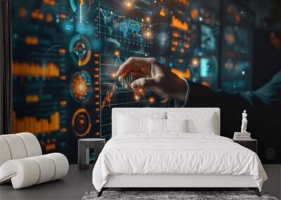 Business strategist using a transparent screen to adjust policy-driven economic models, [economic strategy], [futuristic planning] Wall mural